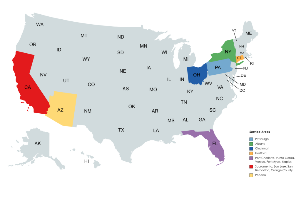 Catholic Funeral Plan Service Areas Map, Pittsburgh, Florida, California